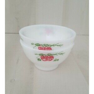 2 Old Vintage Termocrisa Mexico 4.25" White Milk Red apple Glass rice Bowl